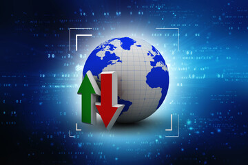 Uploading downloading arrow with globe- 3d illustration. Background filled with binary codes and textures. Abstract technology background. 