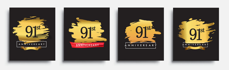 Set of Anniversary logo, 91st anniversary template design on golden brush background, vector design for greeting card and invitation card, Birthday celebration