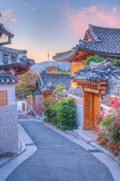 Namsan tower viewed from Bukchon hanok village in Seoul, Republic of Korea