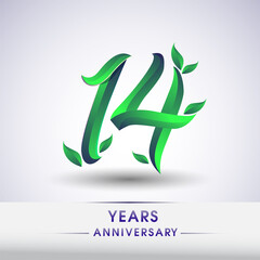 Fototapeta premium 14th years anniversary celebration logotype with leaf and green colored. Vector design for greeting card and invitation card on white background.