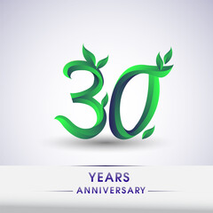30th years anniversary celebration logotype with leaf and green colored. Vector design for greeting card and invitation card on white background.