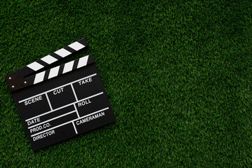 Filmmaking concept. Movie Clapperboard. Cinema begins with movie clappers. Movie clapper on a...