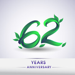 62nd years anniversary celebration logotype with leaf and green colored. Vector design for greeting card and invitation card on white background.