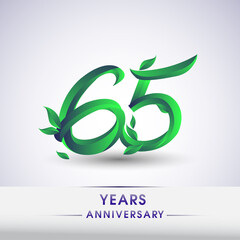 65th years anniversary celebration logotype with leaf and green colored. Vector design for greeting card and invitation card on white background.
