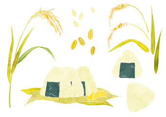 お米とおにぎりのベクターイラスト（水彩）