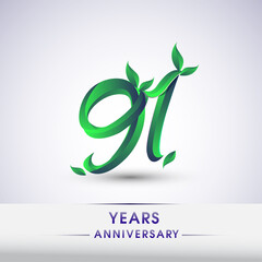 91st years anniversary celebration logotype with leaf and green colored. Vector design for greeting card and invitation card on white background.