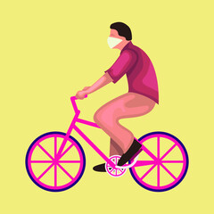Relaxed man wear mask riding a bicycle flat illustration. new normal after covid-19. New normal concept and keep distance in public society. man riding a bicycle.  New normal after COVID-19 pandemic.