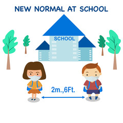 Time school open students go to school by new normal wearing mask keep social distancing for safe from coronavirus. Vector illustration 