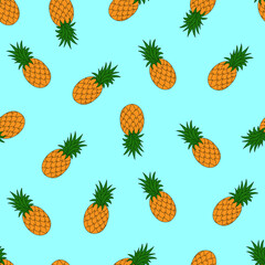 Seamless pattern with pineapples on a blue background. Vector illustration.