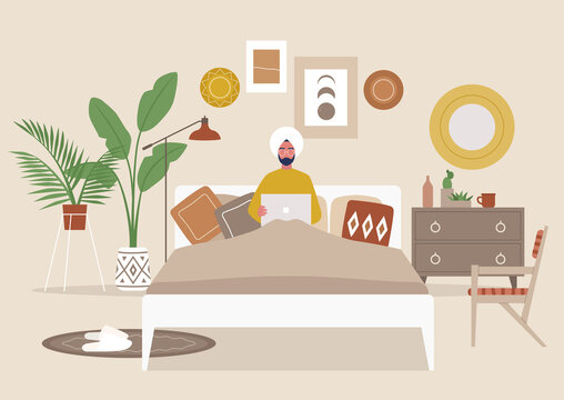 Cozy boho bedroom interior, young indian male character lying in bed with a laptop, flat editable vector illustration