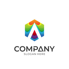 Logo vector of letter A in hexagon shape. Colorful emblem logo style.