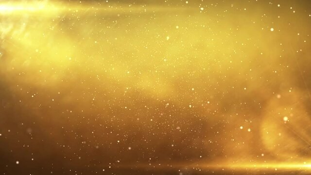 gold particles abstract background with golden shining stars dust bokeh glitter awards dust. Futuristic glittering fly movement flickering loop in space on gradient background.