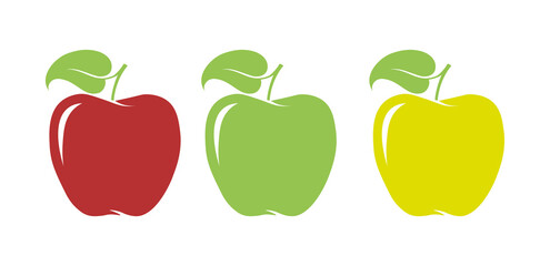 Three Red, Green and Yellow Colour Apples vector drawing on a white background