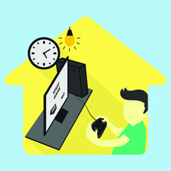 Stay At Home Stay Safe, Playing Game Station Flat Design Logo Vector Illustration