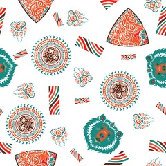 Bear and  sun tribal tattoo seamless pattern vector with retro color tone