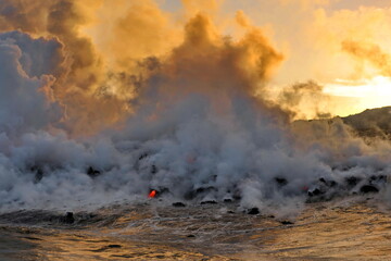 Volcanic lava flows into ocean waves