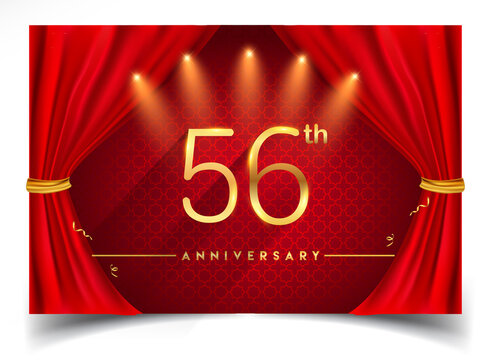 56th years golden anniversary logo with glowing golden colors isolated on realistic red curtain, vector design for greeting card, poster and invitation card