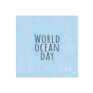 Vector square frame with sea life and sea waves. World ocean day. Children's cartoon illustration for design of postcards, stickers, books, albums, logos and children's clothing.