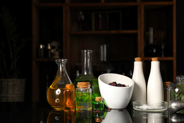 Different potions on alchemist's table