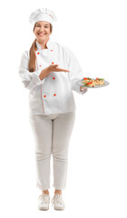 Young female chef with tasty dish on white background