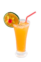 glass of orange juice with orange isolated in white 