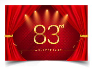 83rd years golden anniversary logo with glowing golden colors isolated on realistic red curtain, vector design for greeting card, poster and invitation card