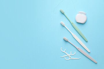 Set for oral hygiene on color background