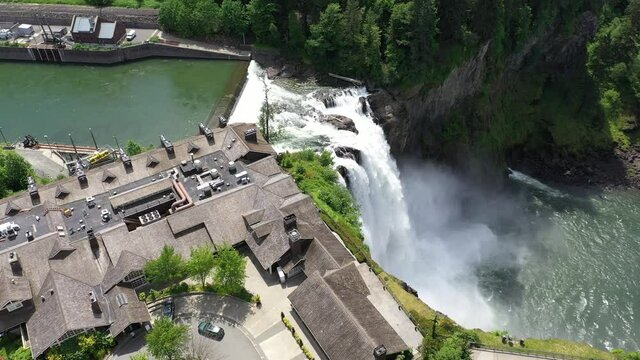 Aerial / drone footage of Snoqualmie Falls and Salish Lodge and Spa by Issaquah and North Bend near Seattle, Washington during the COVID-19 pandemic closure