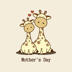 Cute animals for Mother's Day. Giraffe mom and baby. 