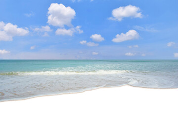 Fototapeta na wymiar Seawater wave splash on sandy beach in summer day.