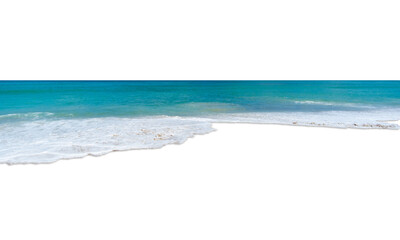 Seawater wave splash on sandy beach in summer day.