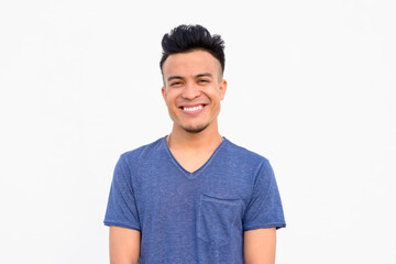 Face of happy young handsome multi ethnic man smiling against white background - 355352135