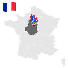 Location of Center - Loire Valley on map France. 3d location sign similar to the flag of Center - Loire Valley. Quality map  with regions of  French Republic for your design. EPS10.