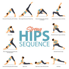 Infographic of 6 Yoga poses for yoga at home in concept of strong hips in flat design. Woman exercising for body stretching. Yoga posture asana for fitness infographic. Cartoon Vector Illustration