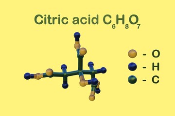 Structural chemical formula and molecular model of citric acid, a weak organic acid, food additive E330, acidity regulator and antioxidant. 3d illustration