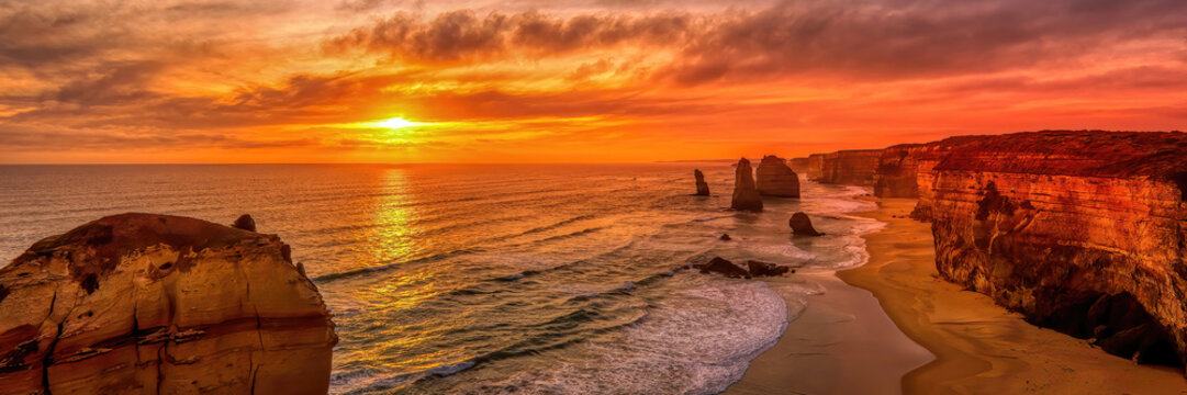 The twelve (12) Apostels, a rock formation at the Grand Ocean Road in New South Wales (NSW), Australia at sunset in summer as a panorama.