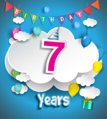 7th Anniversary Celebration Design, with clouds and balloons, confetti. Vector template elements for birthday celebration party.