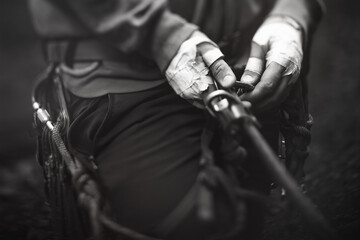 Safety rope in the hands of the climber, close-up, black and white.