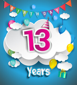 13th Anniversary Celebration Design, with clouds and balloons, confetti. Vector template elements for birthday celebration party.