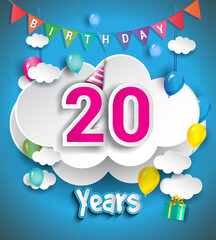 20th Anniversary Celebration Design, with clouds and balloons, confetti. Vector template elements for birthday celebration party.
