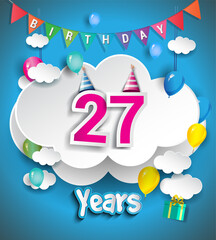 27th Anniversary Celebration Design, with clouds and balloons, confetti. Vector template elements for birthday celebration party.