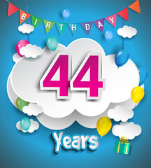 44th Anniversary Celebration Design, with clouds and balloons, confetti. Vector template elements for birthday celebration party.