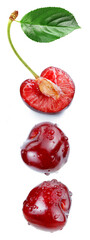 red cherry slice and leaf with water drops  retouched and separately isolated white background