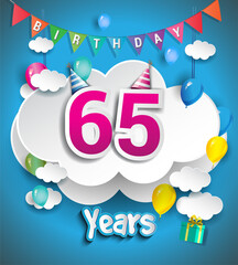 65th Anniversary Celebration Design, with clouds and balloons, confetti. Vector template elements for birthday celebration party.