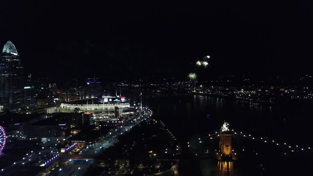 Drone of Downtown Cincinnati, Ohio at night with Fireworks