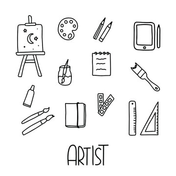 Artist icons with lettering. Hand draw vector line illustration. The set consists of easel, palette. pencils, brushes, rulers, tablet, notepad and more.