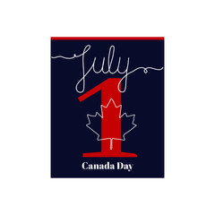 Calendar sheet, vector illustration on the theme of Canada Day on June 1. Decorated with a handwritten inscription - JULY and linear maple leaf - a symbol of Canada.