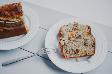 Homemade banana bread with dried fruits and walnuts.