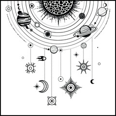 Monochrome drawing: stylized Solar system, orbits, planets, space structure.  Necklace of star symbols. Vector Illustration isolated on a white background. Print, poster, T-shirt, postcard.