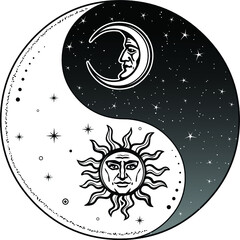 Mystical drawing: Stylized sun and moon with human face, day and night. Zen symbol. Ying yang sign of harmony and balance. Monochrome Vector Illustration isolated on a white background